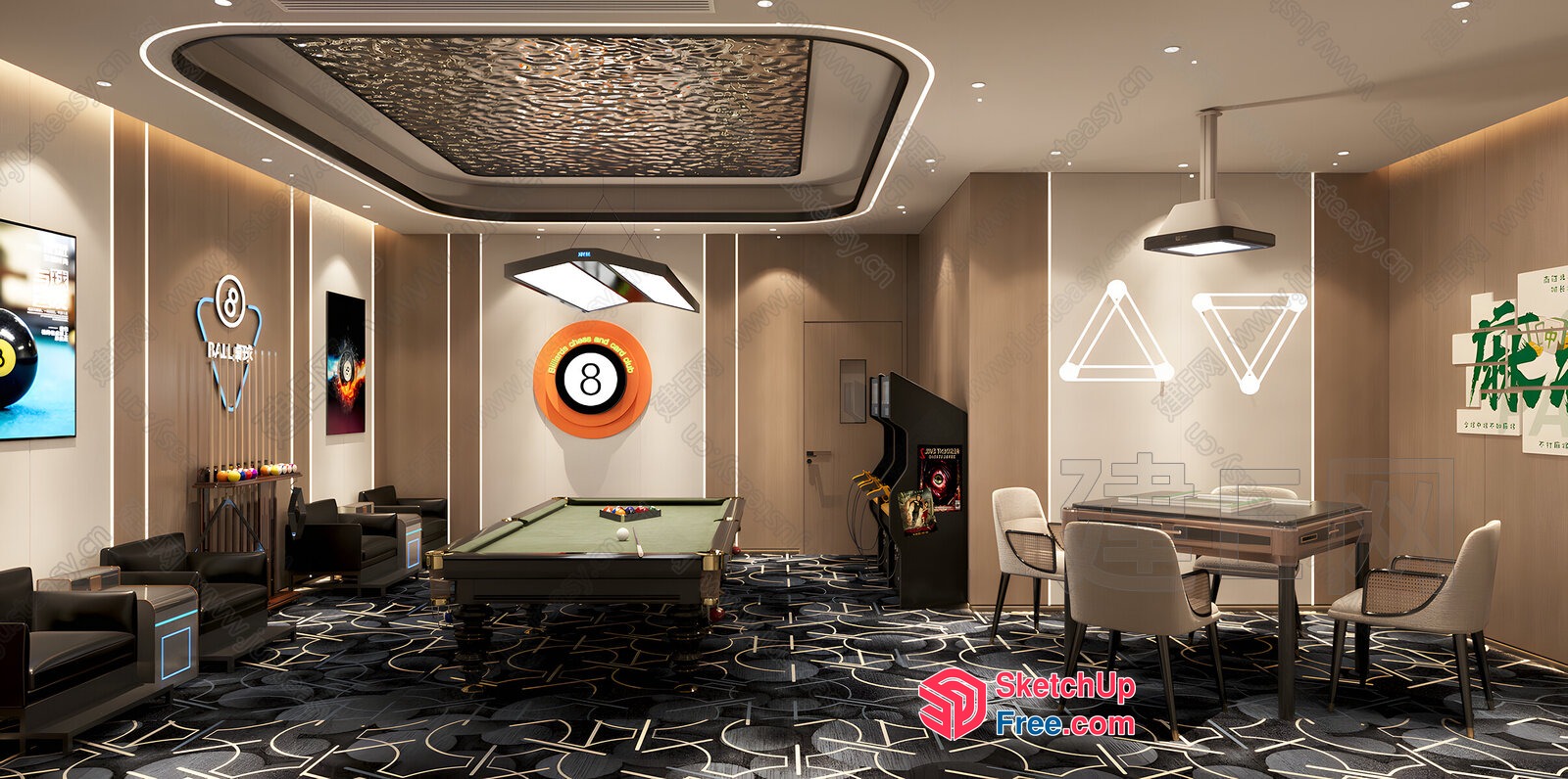 Modern Billiard Room With Elegant Decor And Functional Furniture 3D SketchUp File