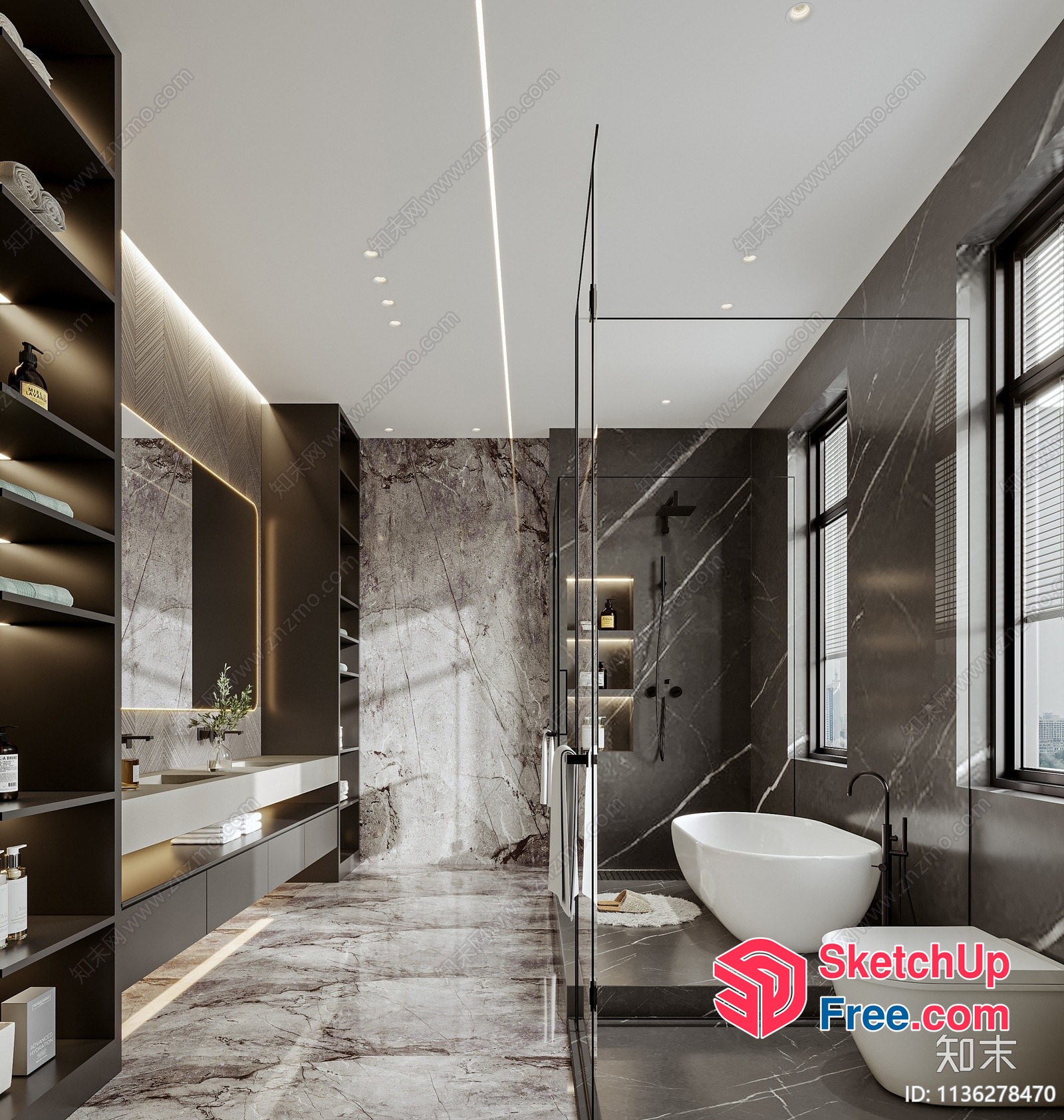 Modern Bathroom Interior With Marble Flooring And Dark Grey Accents 3D SketchUp File