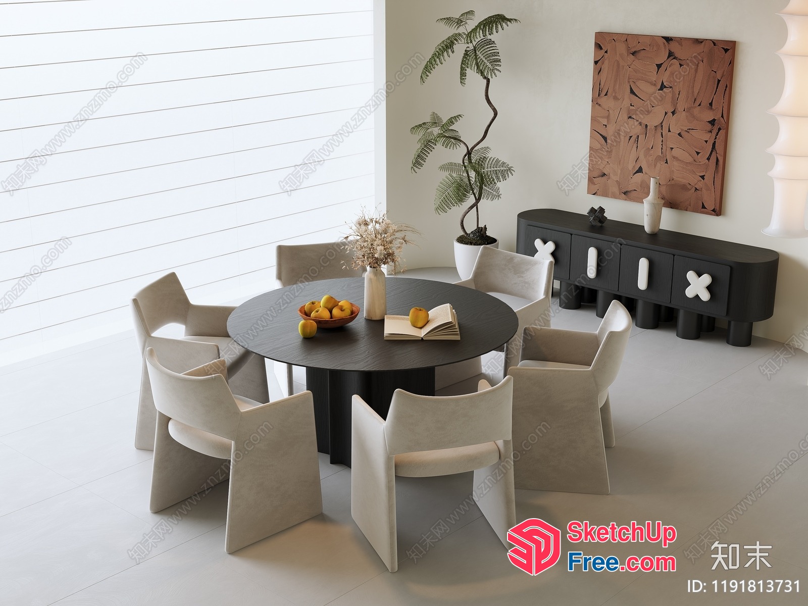 Modern Minimalist Dining Room With Round Table And White Chairs 3D SketchUp File