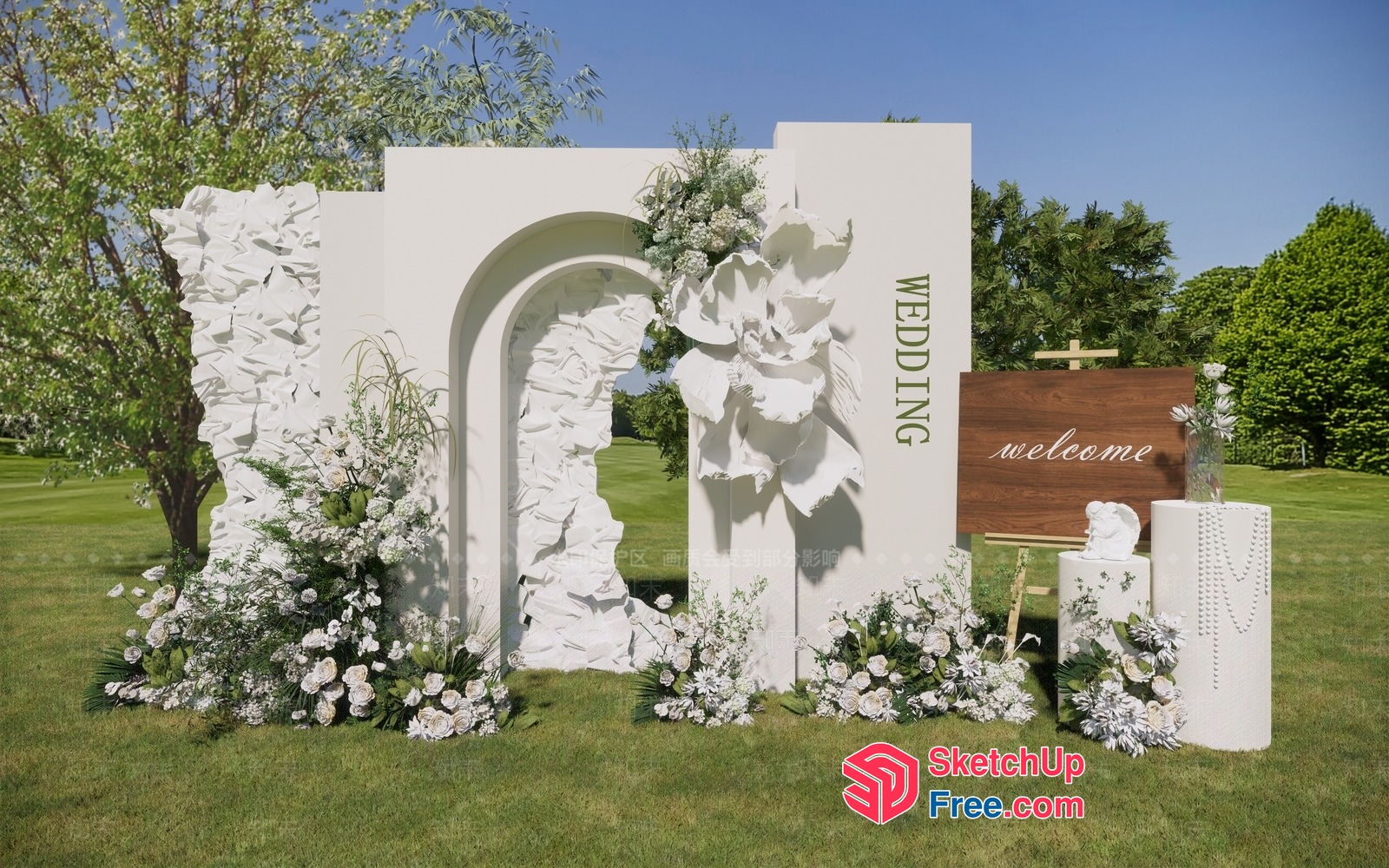Elegant White Wedding Archway With Floral Decorations 3D SketchUp File
