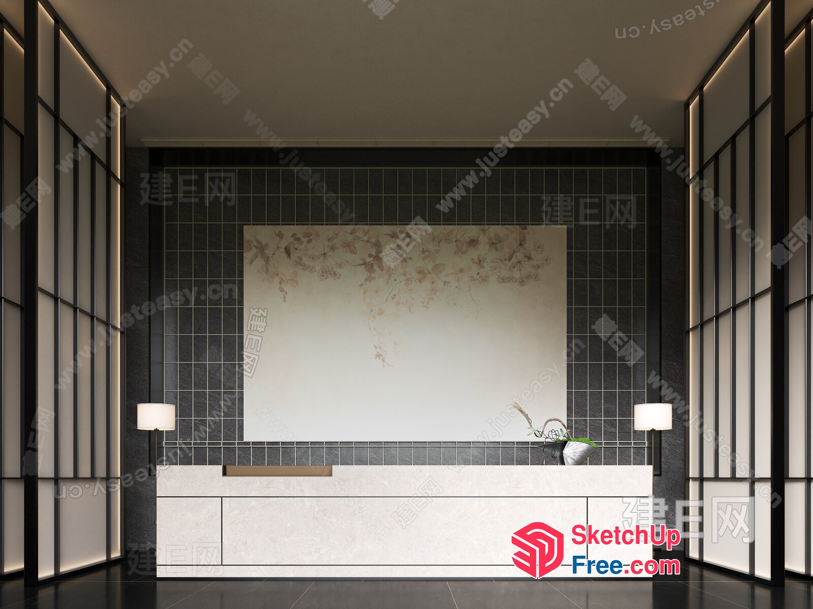 Modern Asian-Inspired Reception Area With Elegant Lighting 3D SketchUp File