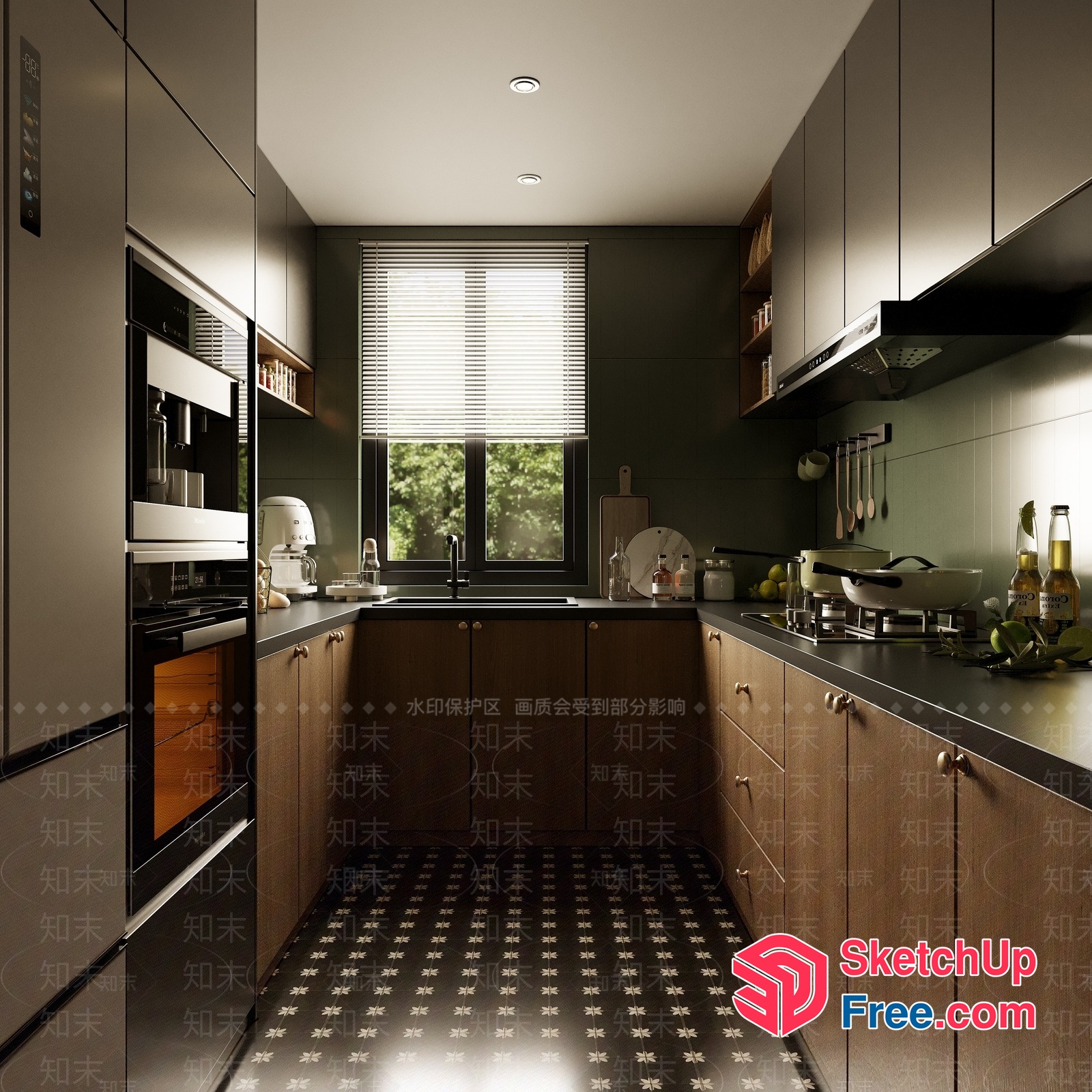 Modern Kitchen With Black Countertops And Wood Cabinets 3D SketchUp File