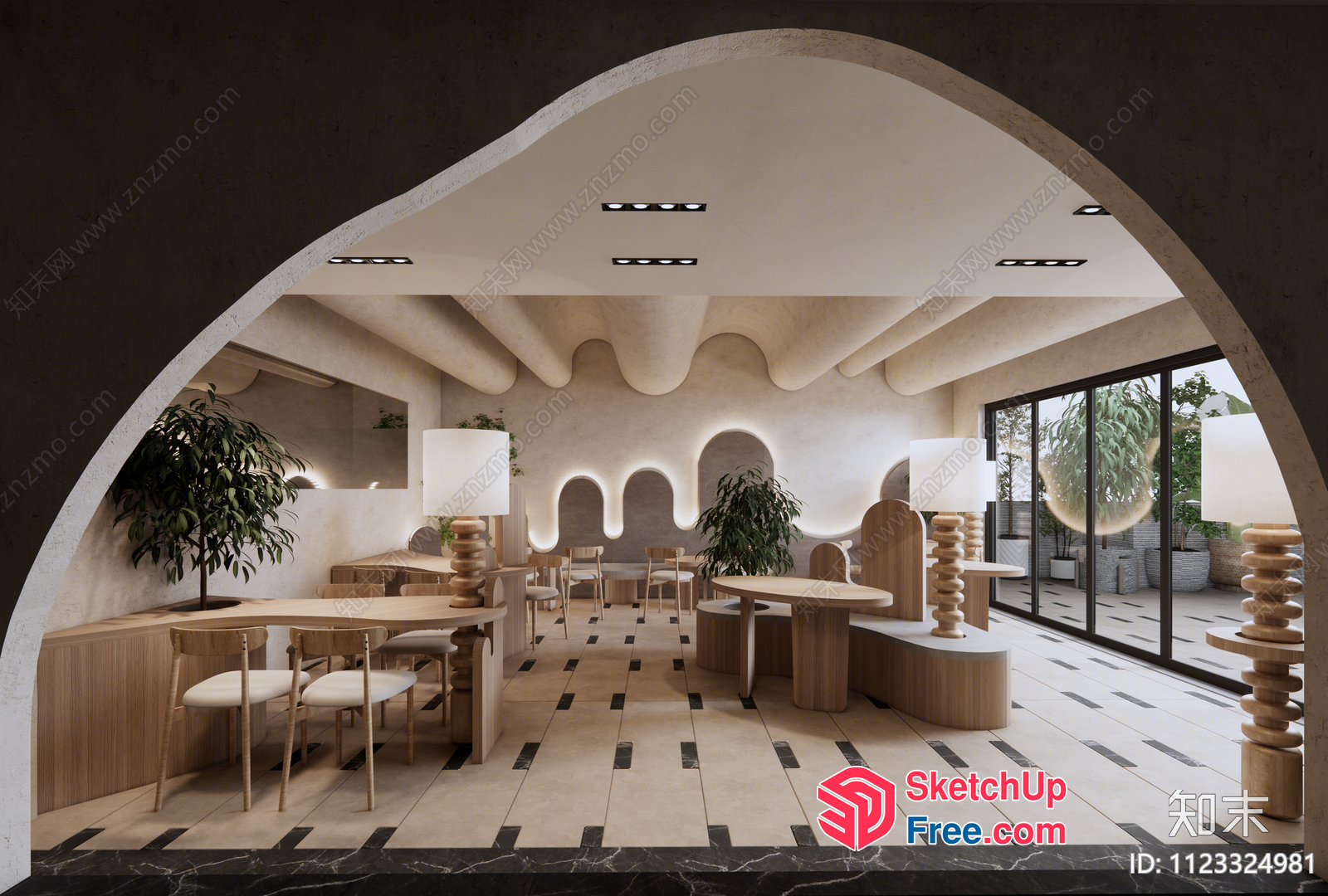 Modern Japanese-Style Interior With Arched Doorways And Natural Wood Accents 3D SketchUp File