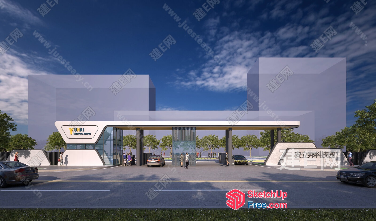 Exterior Entrance With Glass Curtain Wall And Pillars 3D SketchUp File
