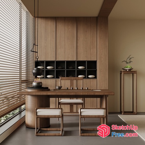 Minimalist Japanese-Style Dining Room With Wooden Furniture 3D SketchUp File
