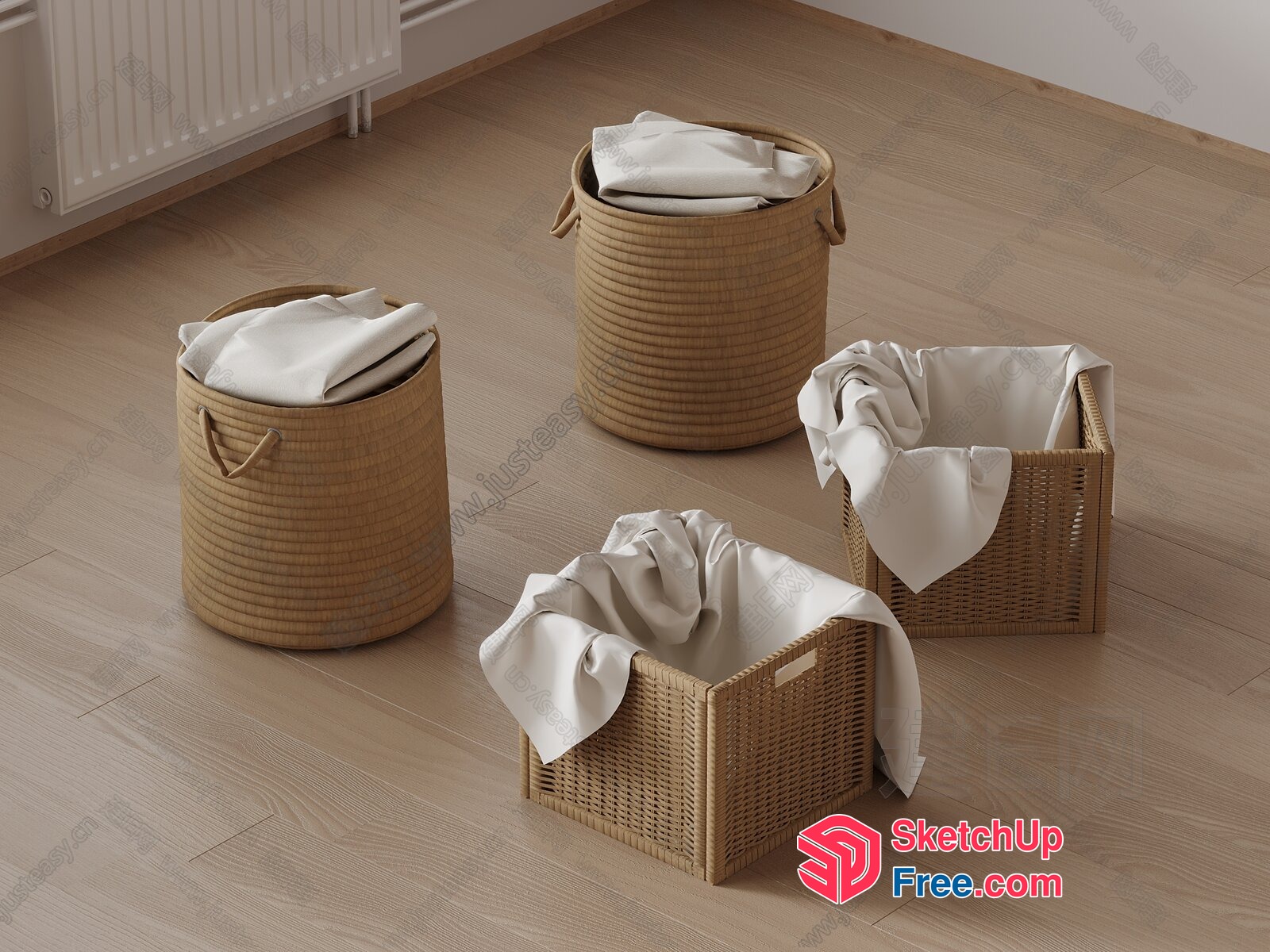 Four Wicker Baskets On Wooden Floor 3D SketchUp File
