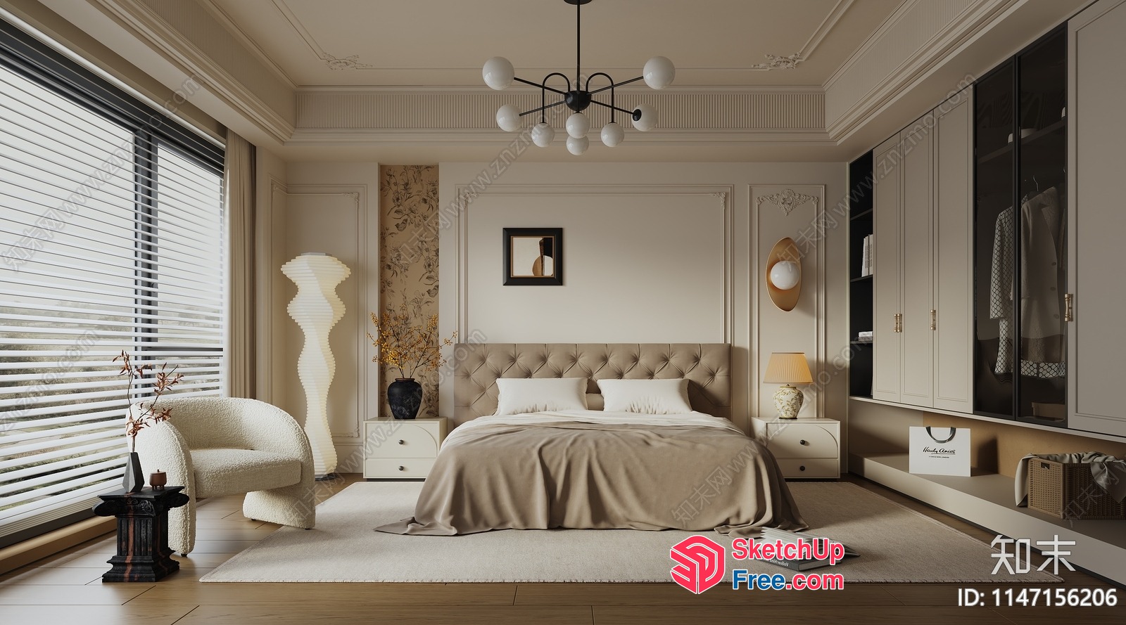 Elegant Creamy Style Bedroom Interior 3D SketchUp File