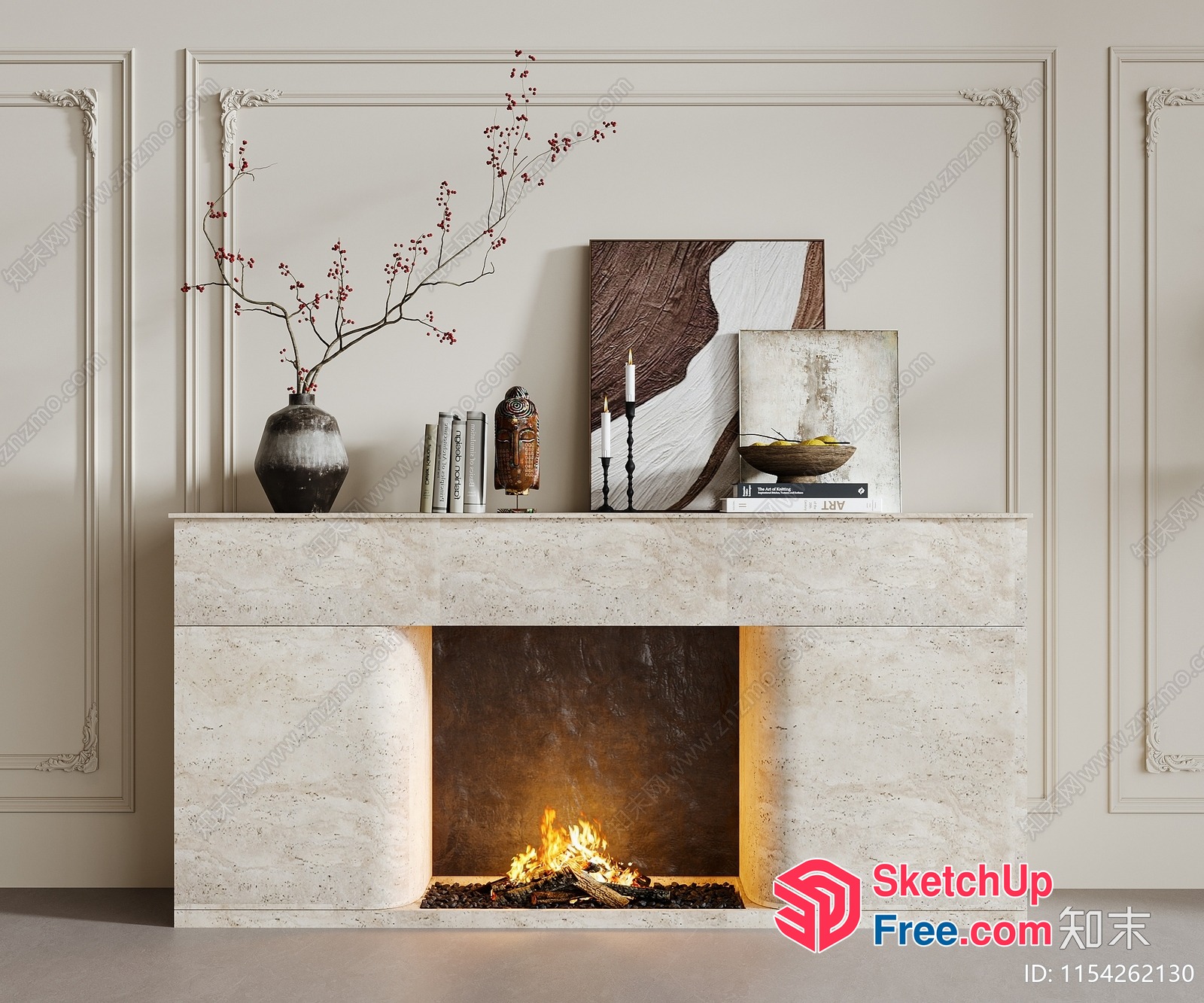 Elegant Fireplace With Decorative Mantel And Vase 3D SketchUp File