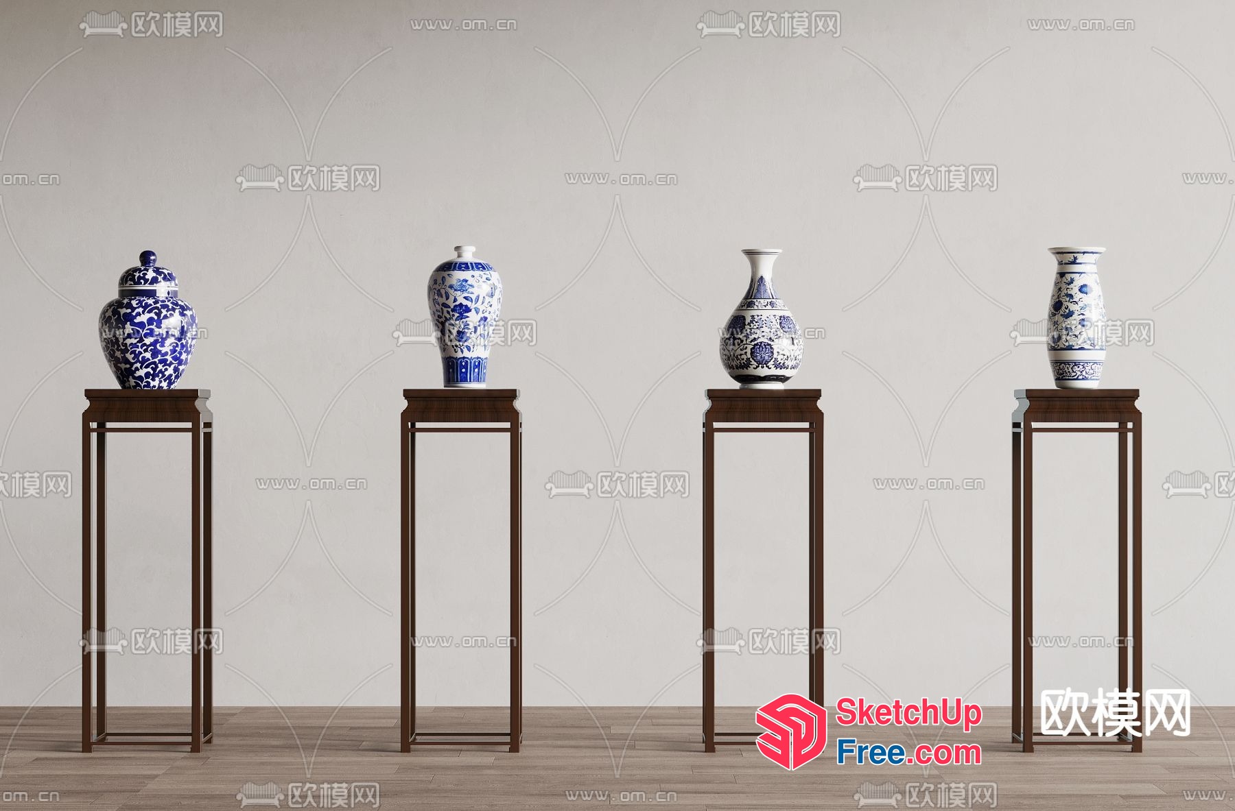Four Blue And White Vases On Wooden Stands 3D SketchUp File