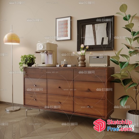 Mid-Century Modern Wooden Dresser With Vintage Aesthetic 3D SketchUp File