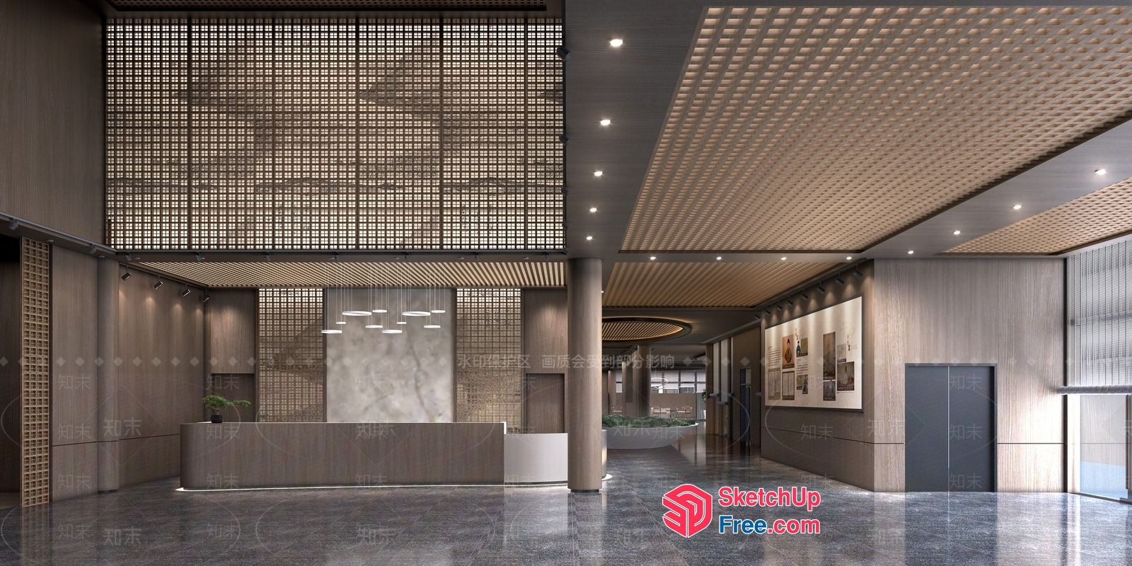 Modern Office Lobby With Elevator And Reception Desk 3D SketchUp File