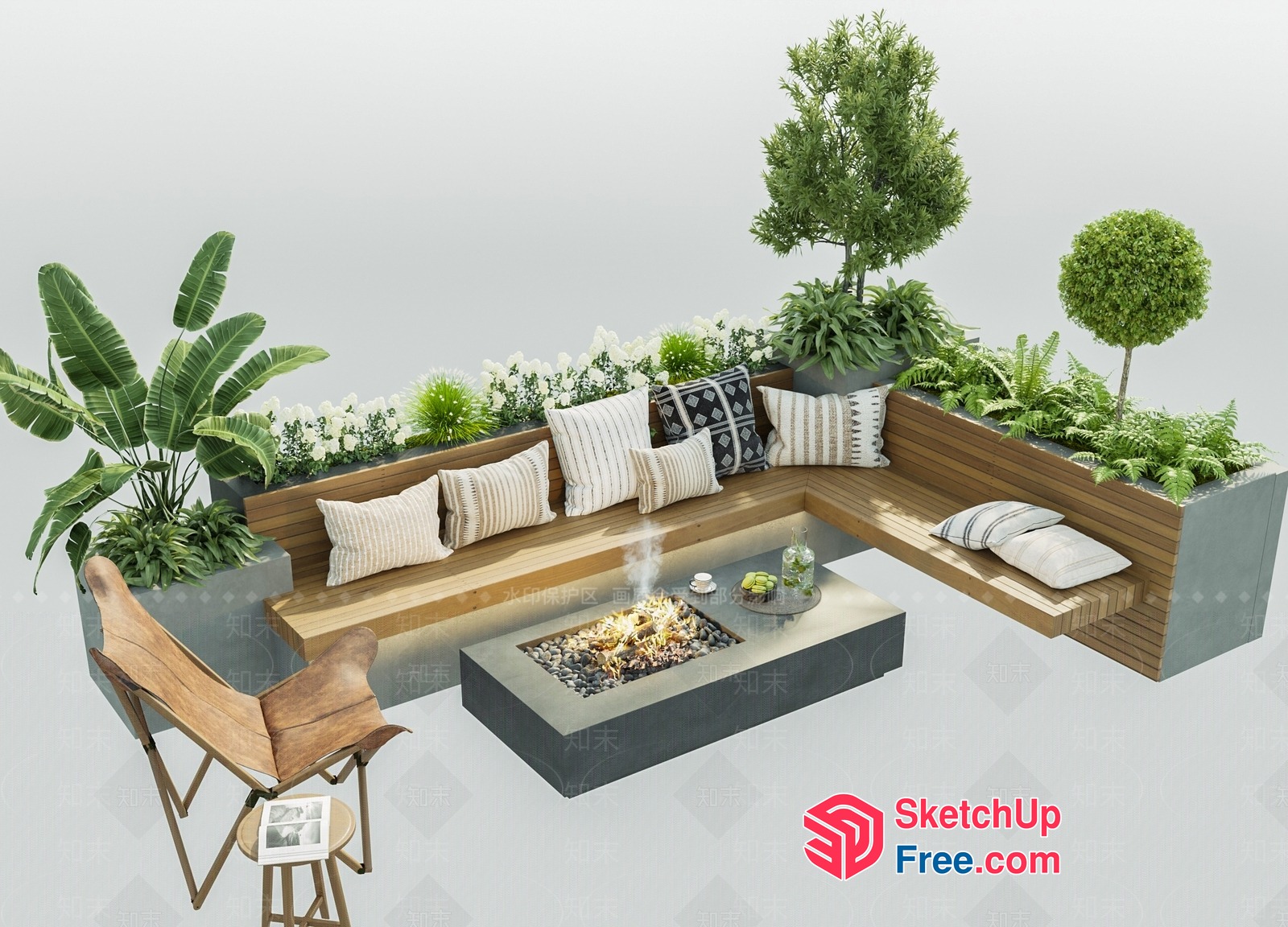 Outdoor Living Space With L-Shaped Bench And Fire Pit 3D SketchUp File