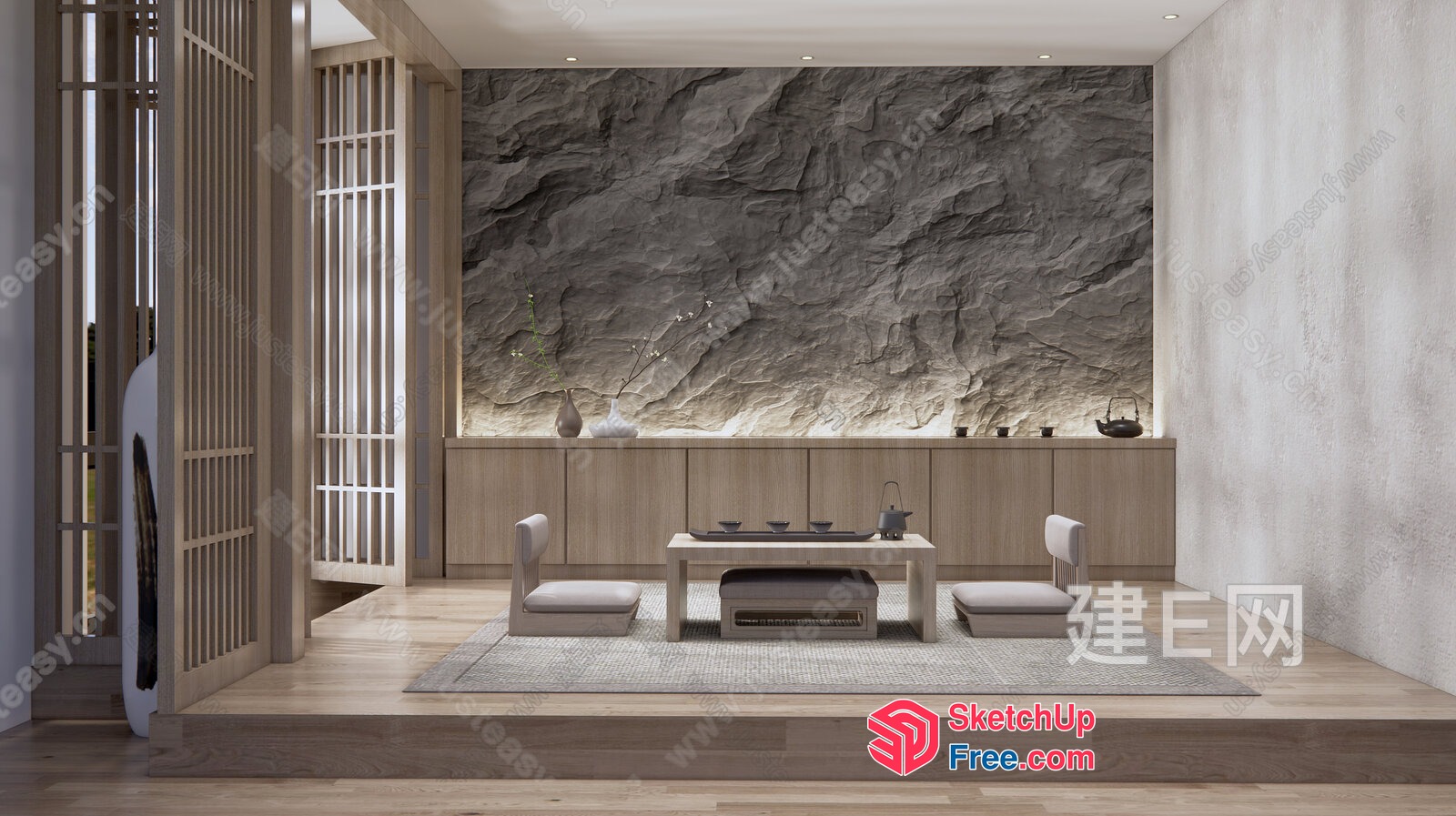 Japanese-Inspired Living Room With Natural Stone Accent 3D SketchUp File