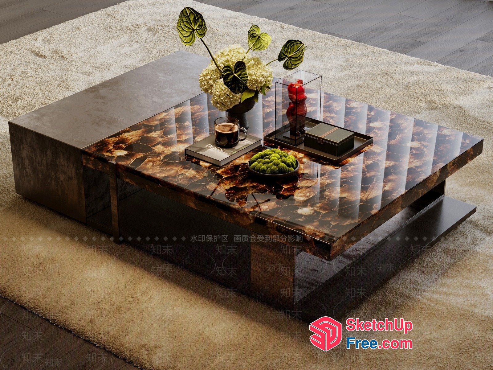 Elegant Coffee Table With Marble Top And Dark Wood Base 3D SketchUp File