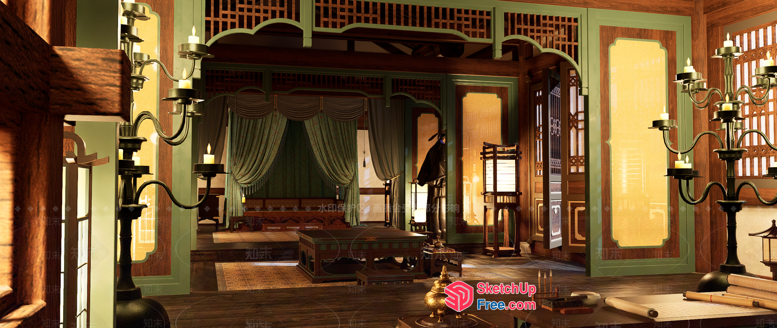 Luxurious Asian-Inspired Living Room With Elegant Bed 3D SketchUp File