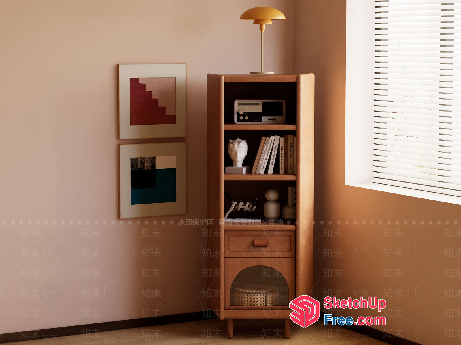 Modern Wood Bookcase With Drawer And Shelf 3D SketchUp File