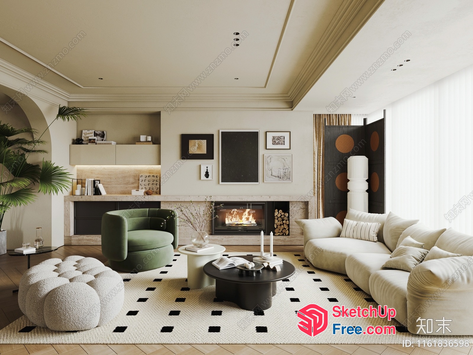 Modern Creamy Style Living Room With Fireplace And White Sofa 3D SketchUp File