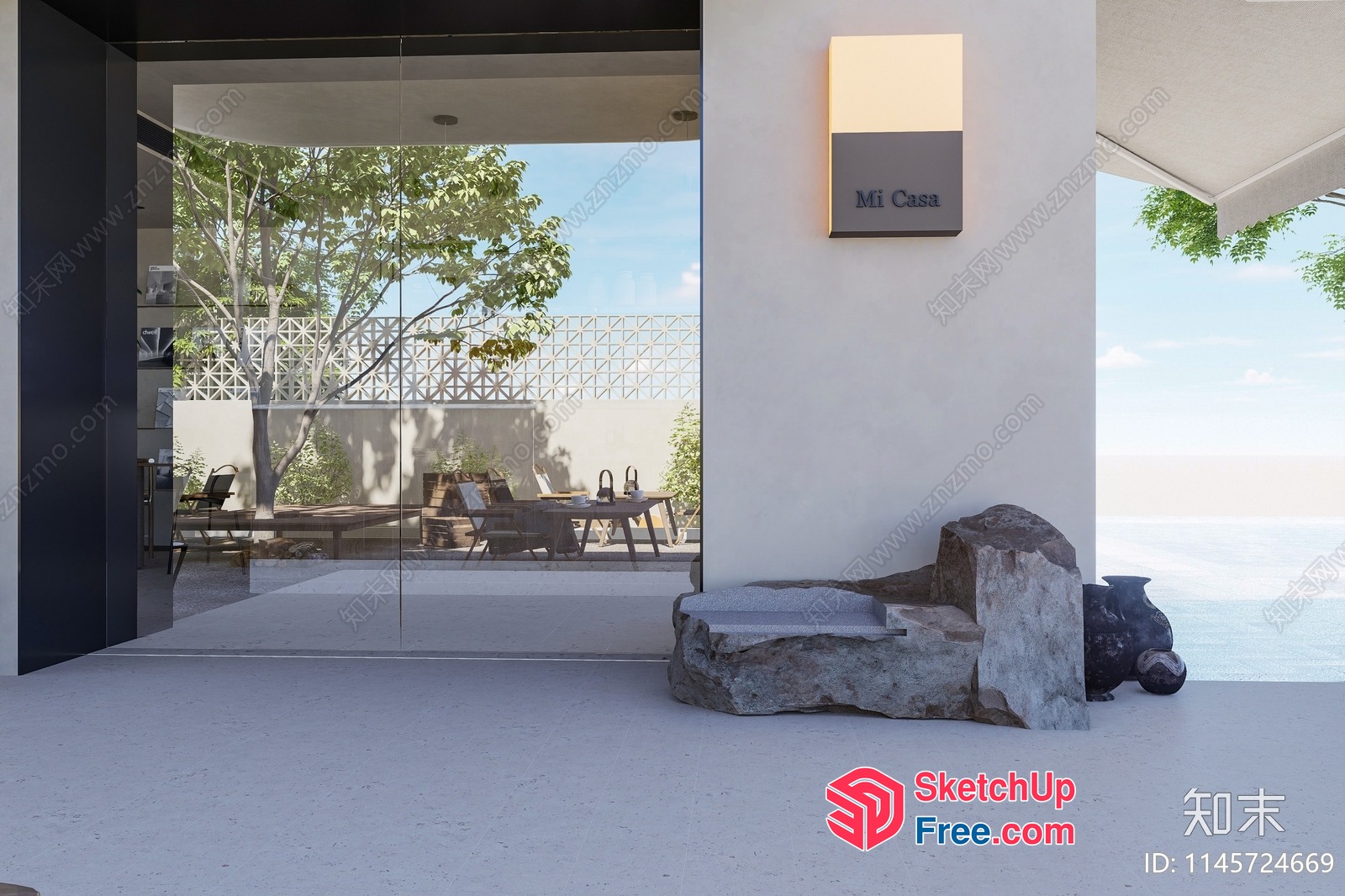 Modern Minimalist Interior With Glass Curtain Wall And Outdoor Seating 3D SketchUp File