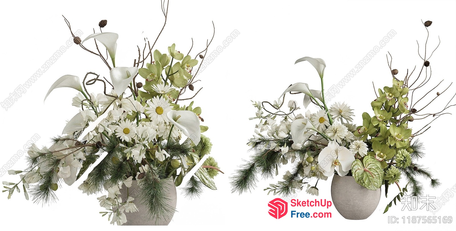 White And Green Floral Arrangement With Elegant Vases 3D SketchUp File