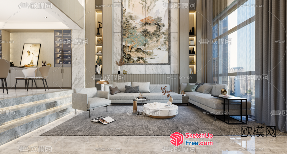 Modern Minimalist Living Room With Large Windows 3D SketchUp File