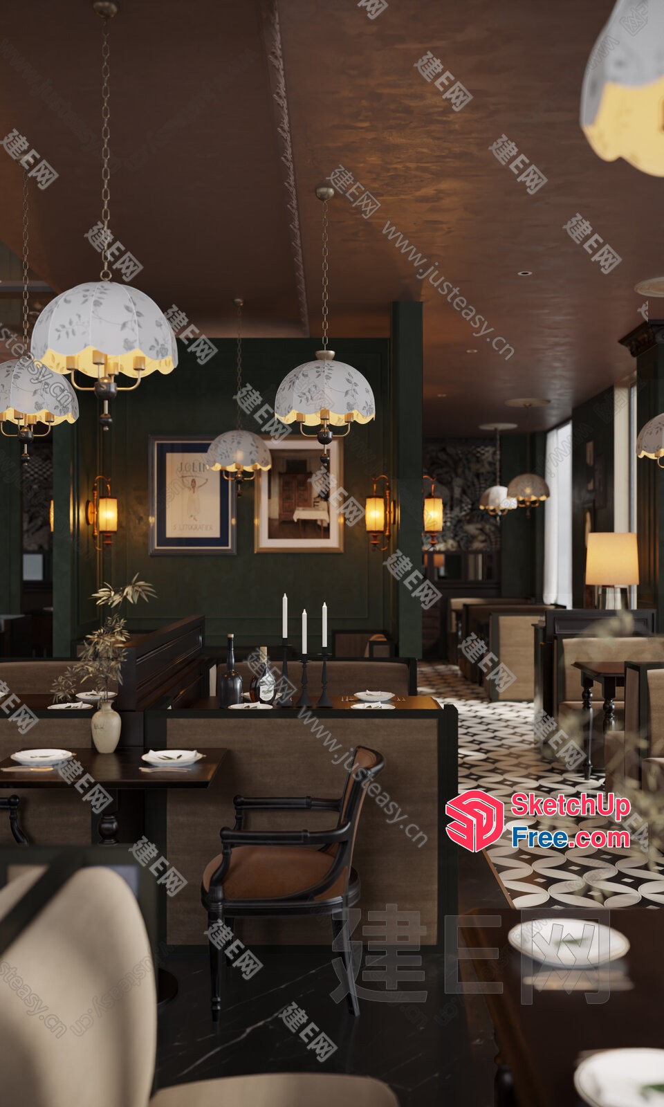 Elegant Dining Room With Classic Moulding And Patterned Floor 3D SketchUp File