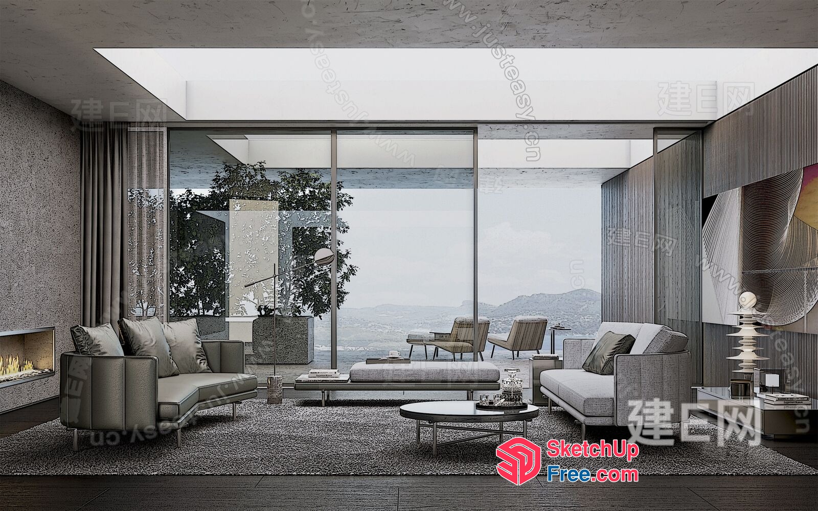Modern Minimalist Living Room With Fireplace And Outdoor View 3D SketchUp File