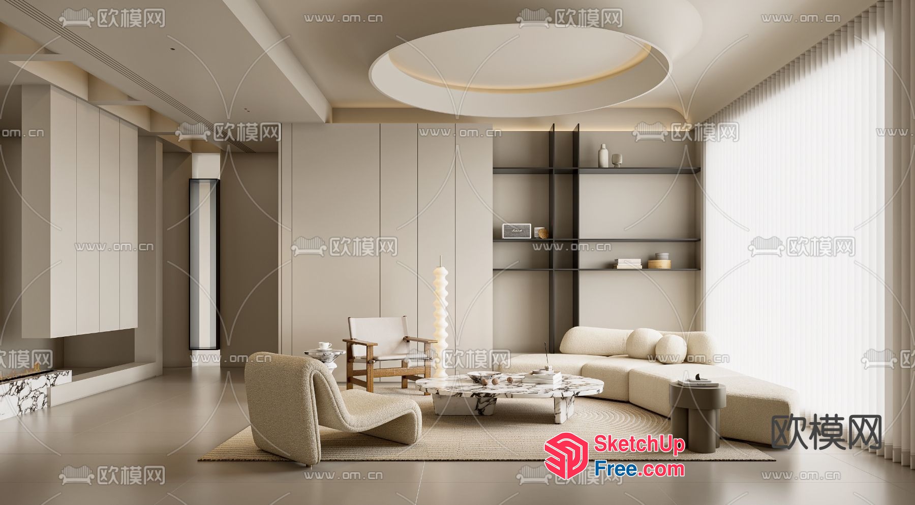 Modern Living Room With Creamy Furniture And Decor 3D SketchUp File