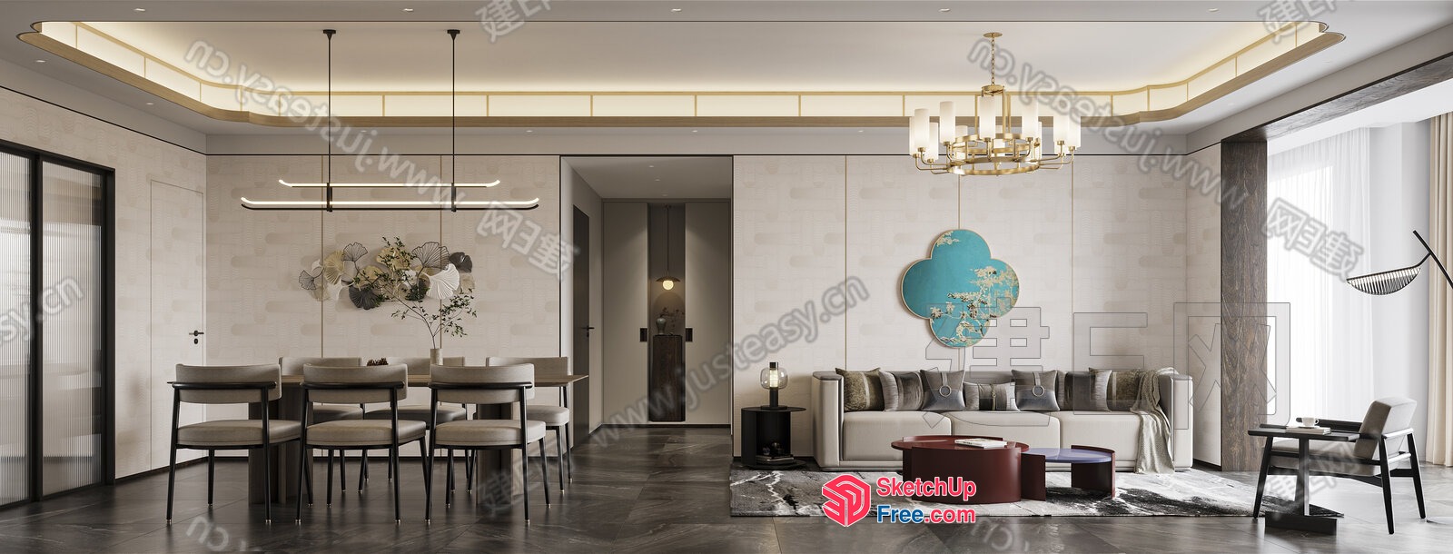 Modern Minimalist Living Room With Dining Area 3D SketchUp File