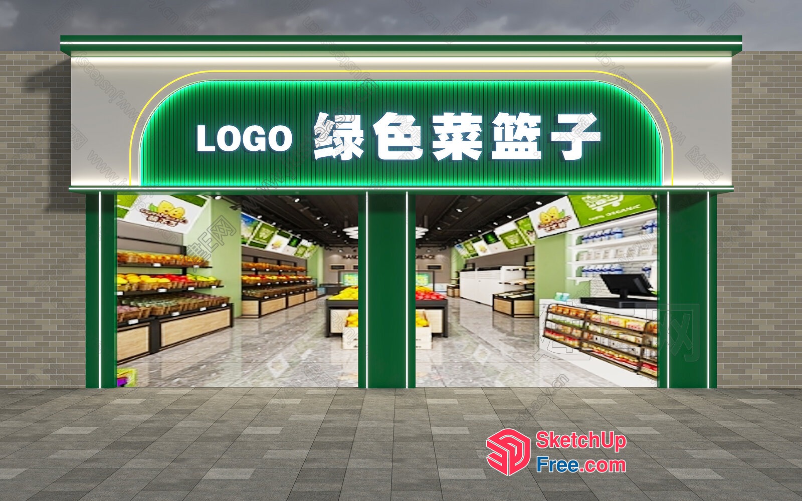 Supermarket Entrance With Green Neon Sign And Chinese Characters 3D SketchUp File
