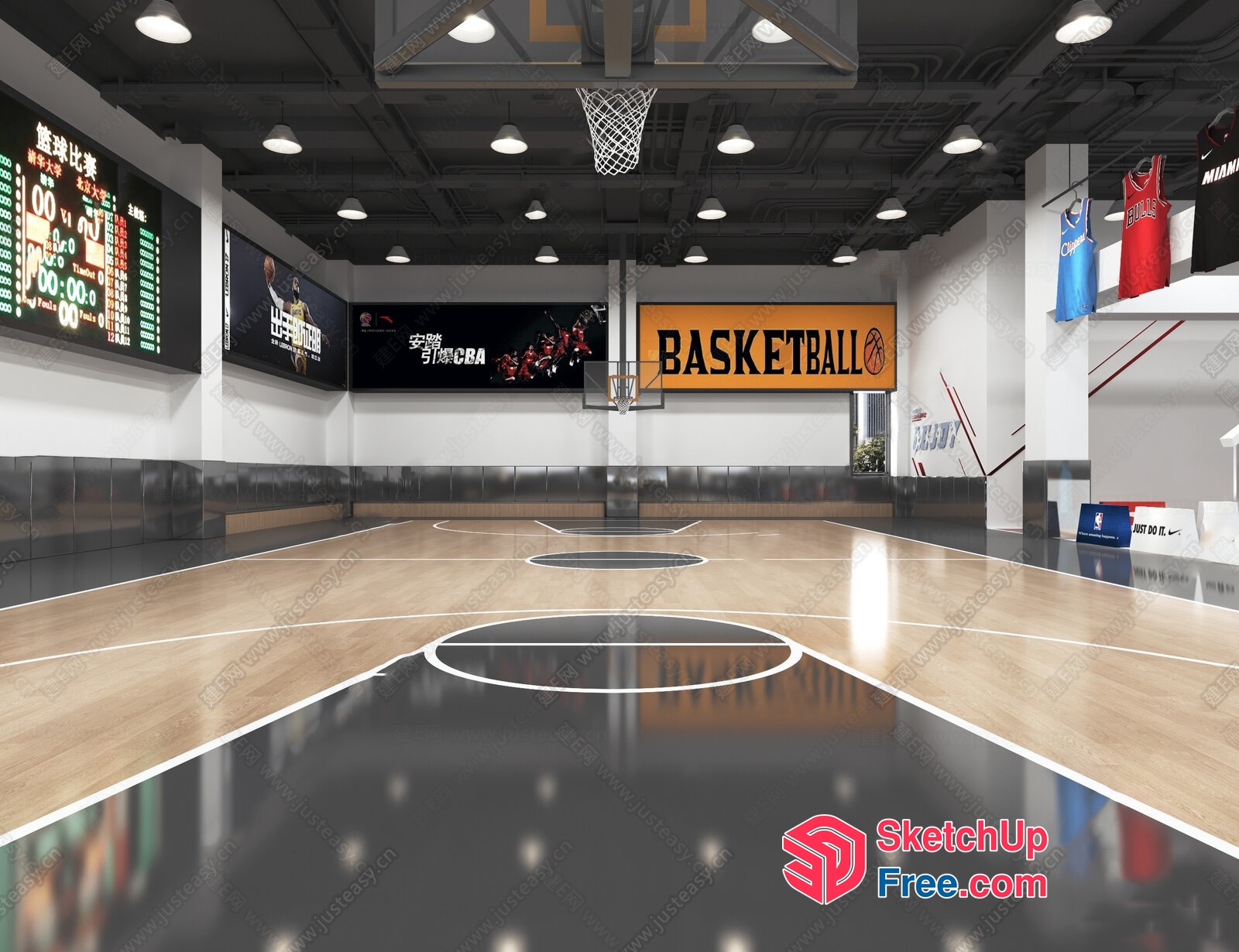 Basketball Court Interior With Scoreboard And Hoop 3D SketchUp File