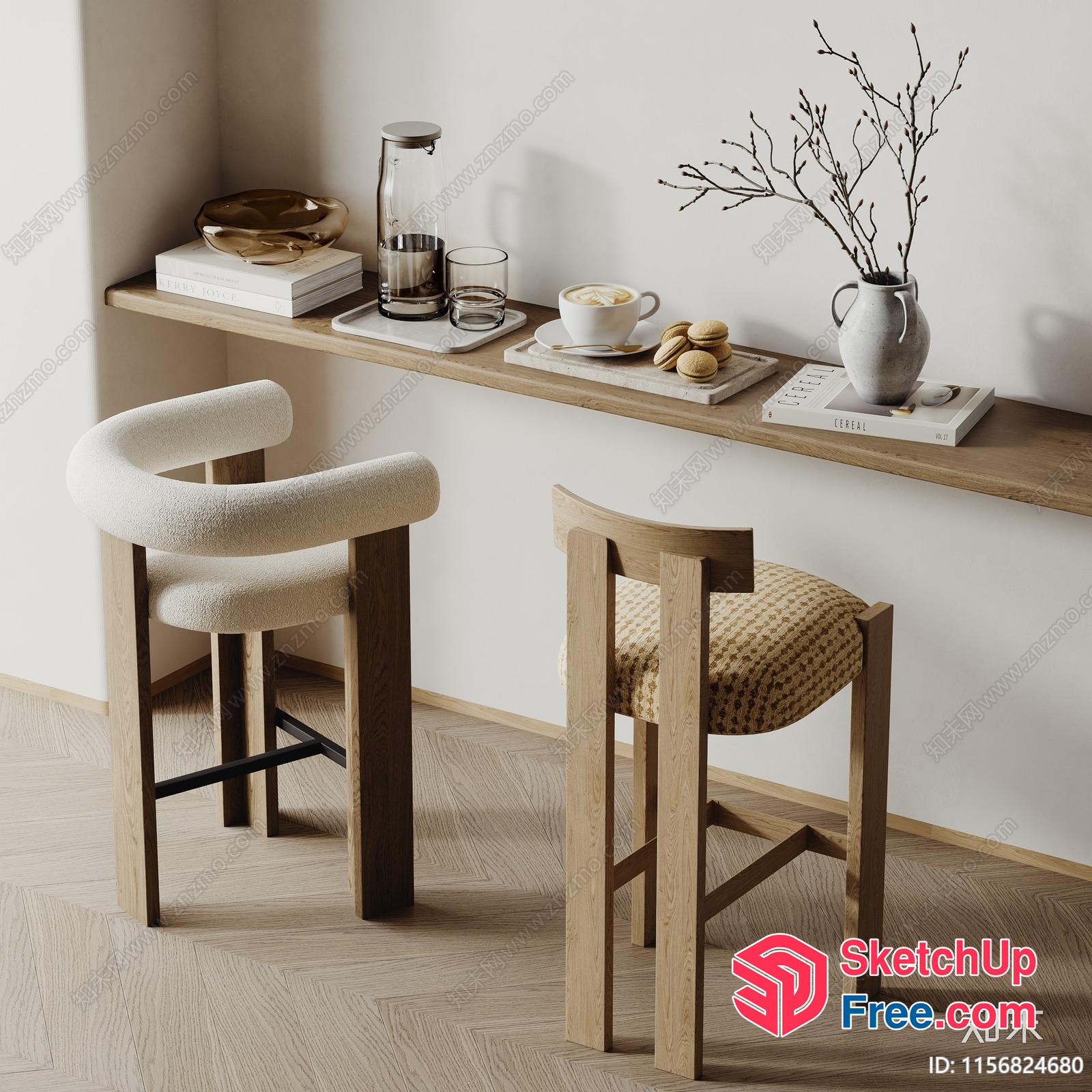 Minimalist Coffee Corner With Wooden Bar Stools 3D SketchUp File