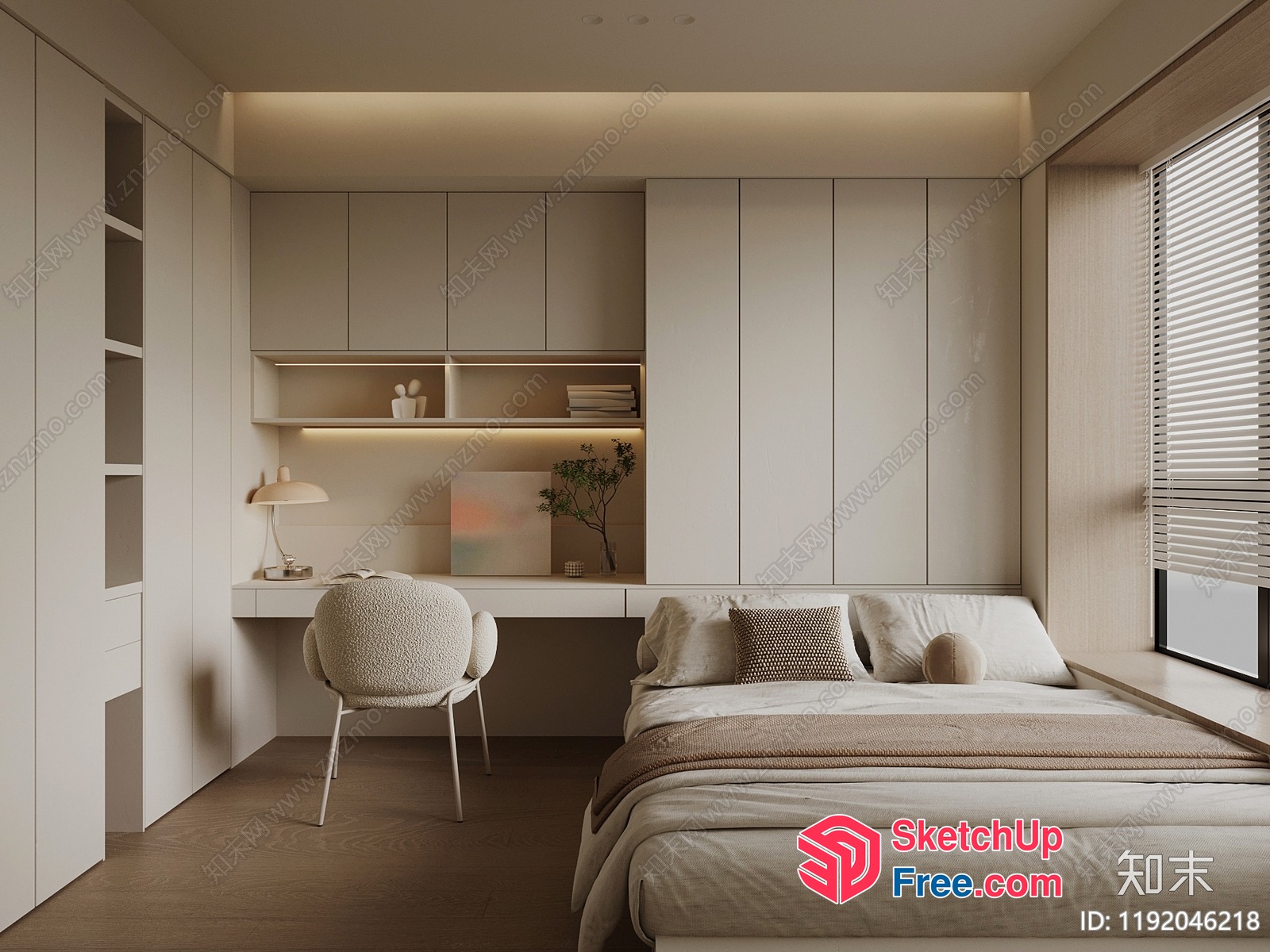 Minimalist Japanese-Style Bedroom With White And Beige Decor 3D SketchUp File
