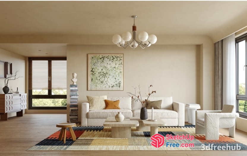 Elegant Modern Living Room With Creamy Style 3D SketchUp File
