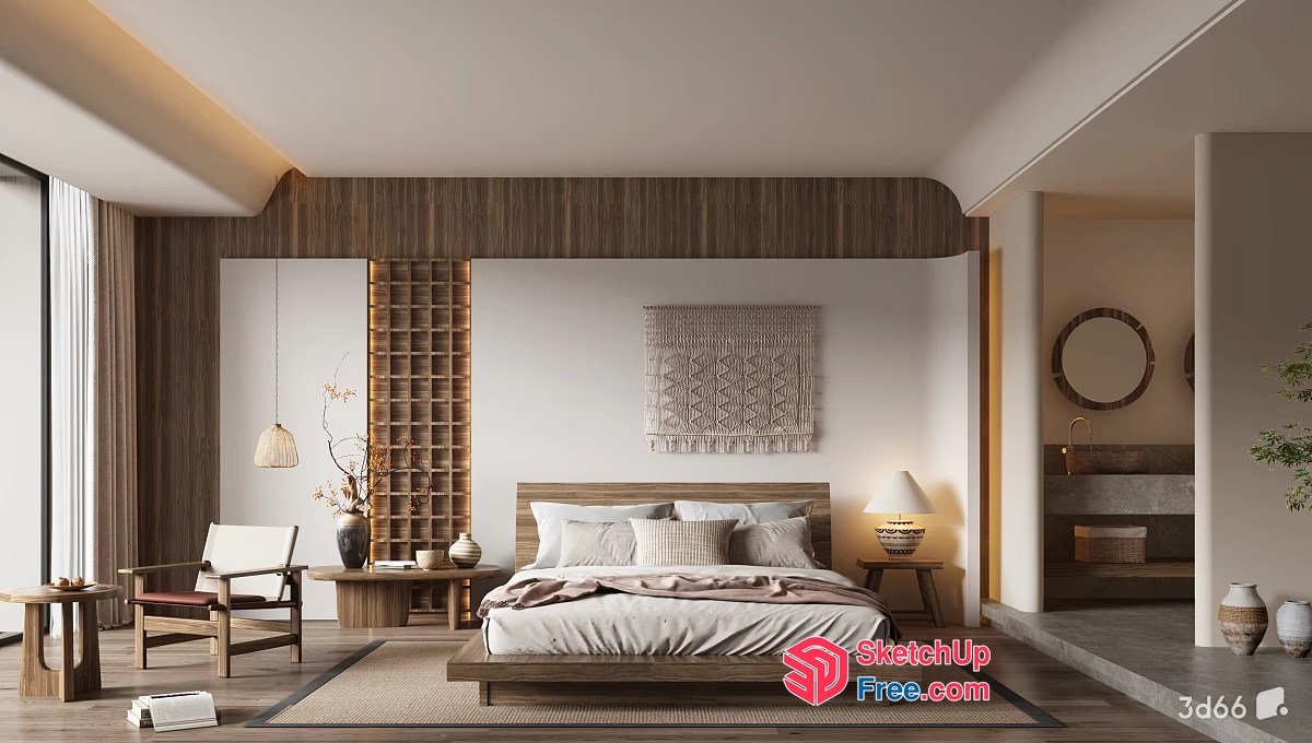 Modern Japanese-Inspired Bedroom With Neutral Tones 3D SketchUp File