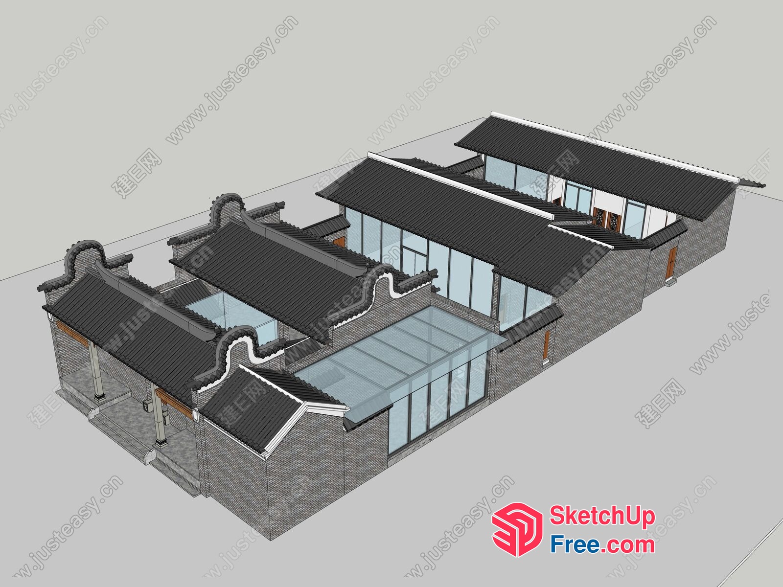 Chinese Style Exterior Building With Glass Curtain Wall And Roof Synthesis 3D SketchUp File