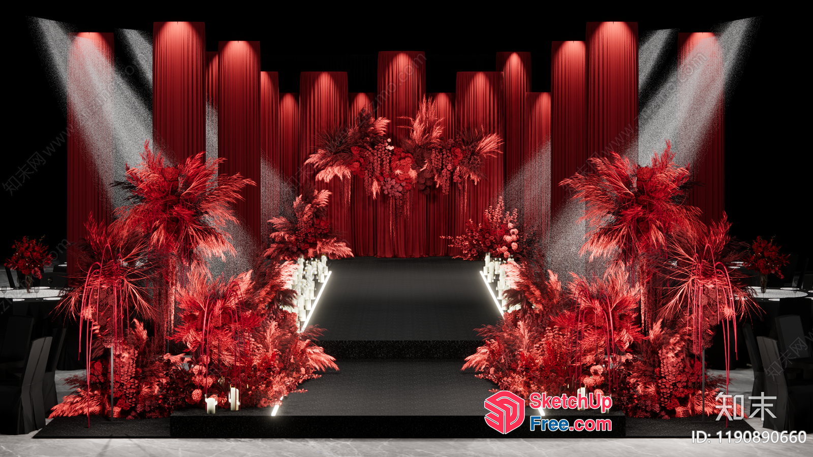 Red Decorated Stage With Pillars And Red Curtains 3D SketchUp File