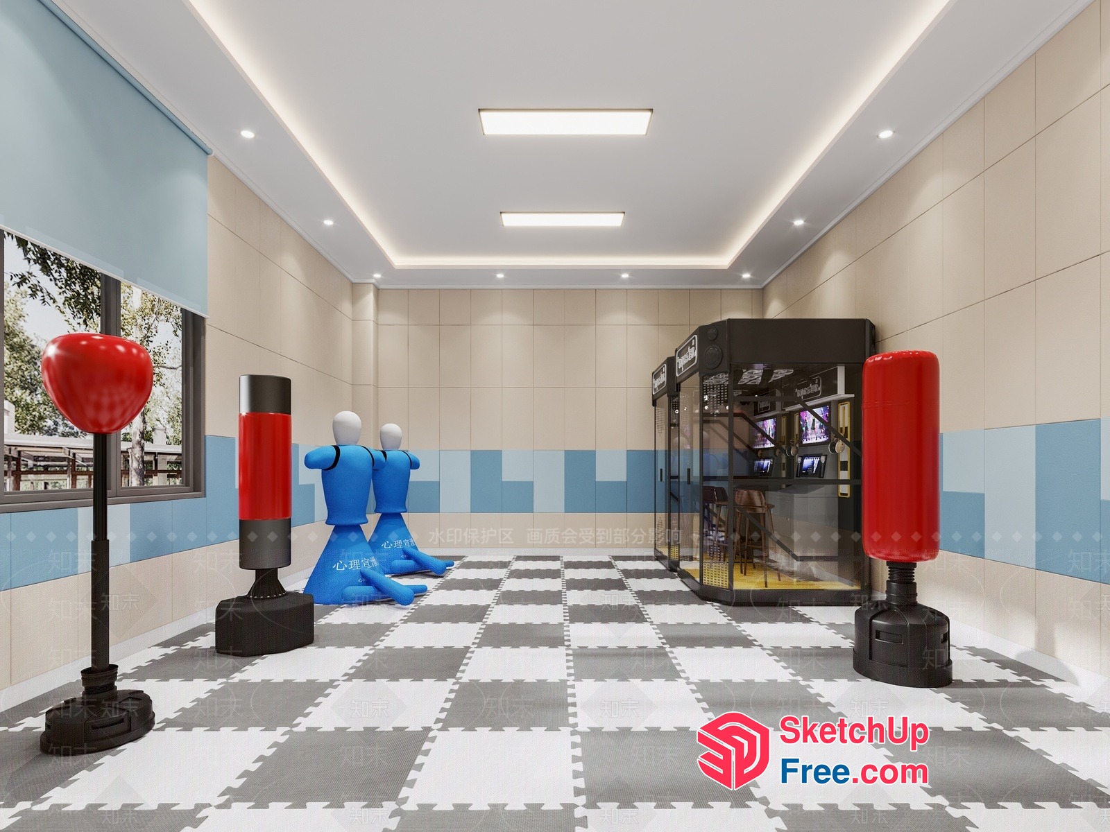 Modern Fitness Room With Punching Bags And Exercise Equipment 3D SketchUp File