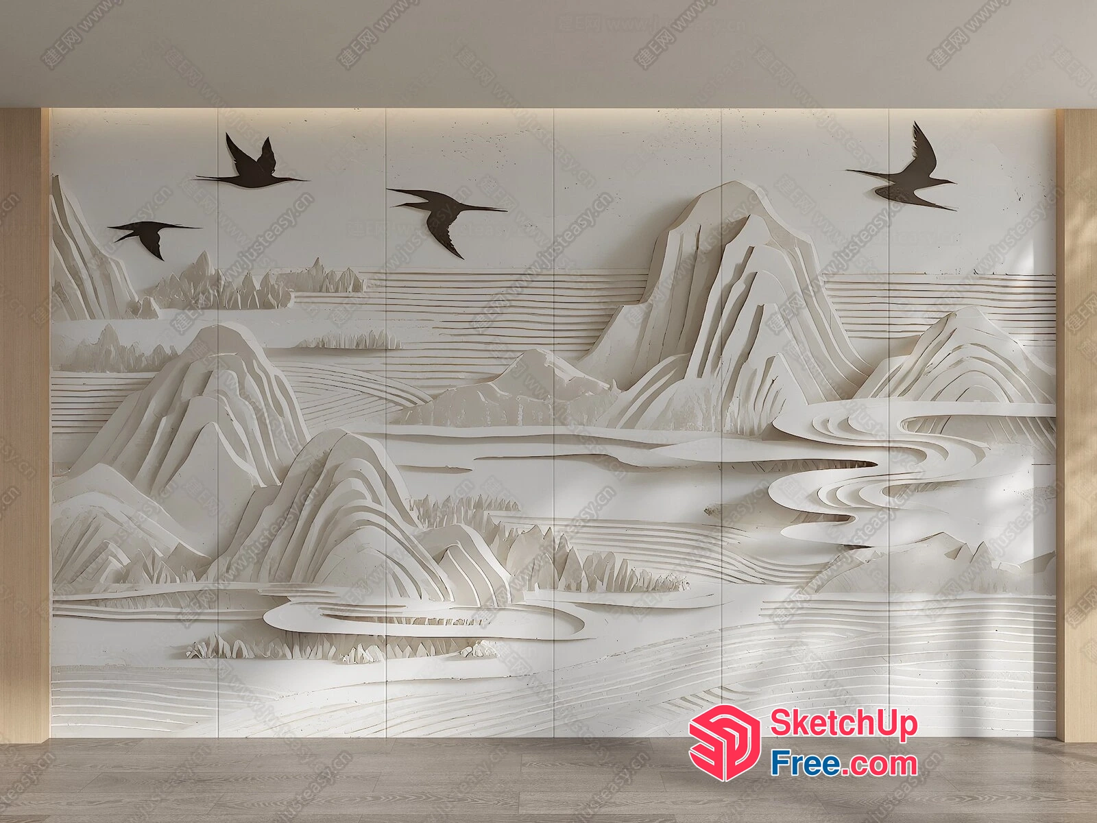 White Carved Mountain Landscape With Flying Birds 3D SketchUp File