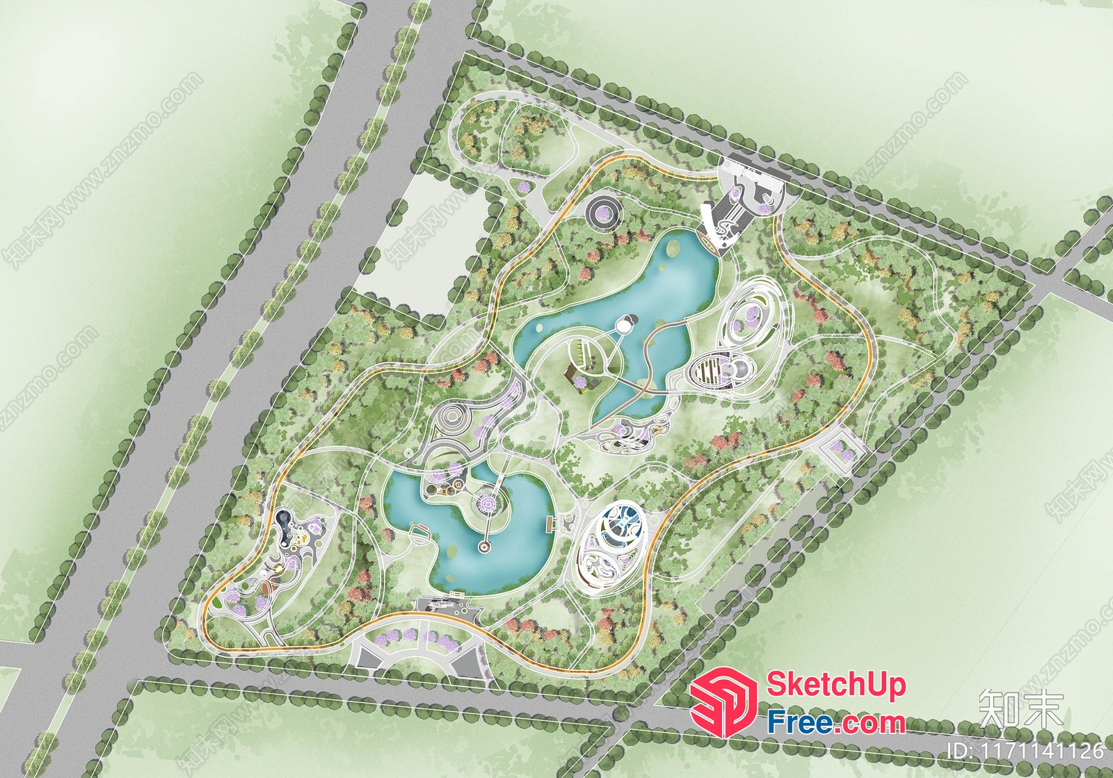 Park With Multiple Pools And Walkways 3D SketchUp File