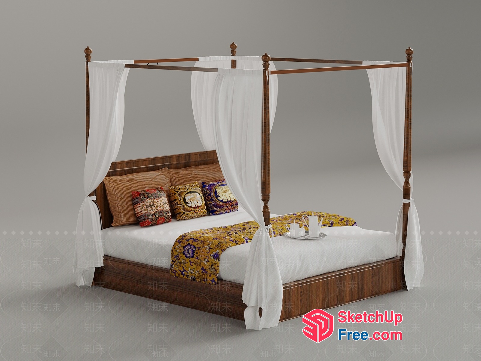 Elegant Four-Poster Bed With Ornate Pillows 3D SketchUp File