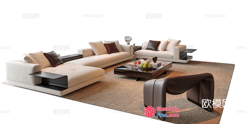 Modern Minimalist Living Room With Creamy Sofa And Brown Accents 3D SketchUp File