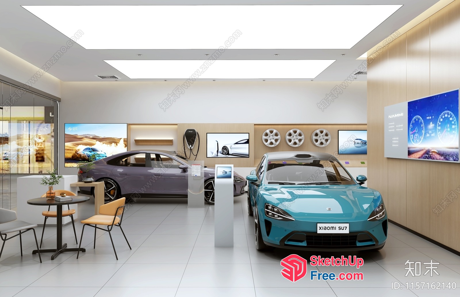 Modern Showroom With Cars And Display Tables 3D SketchUp File