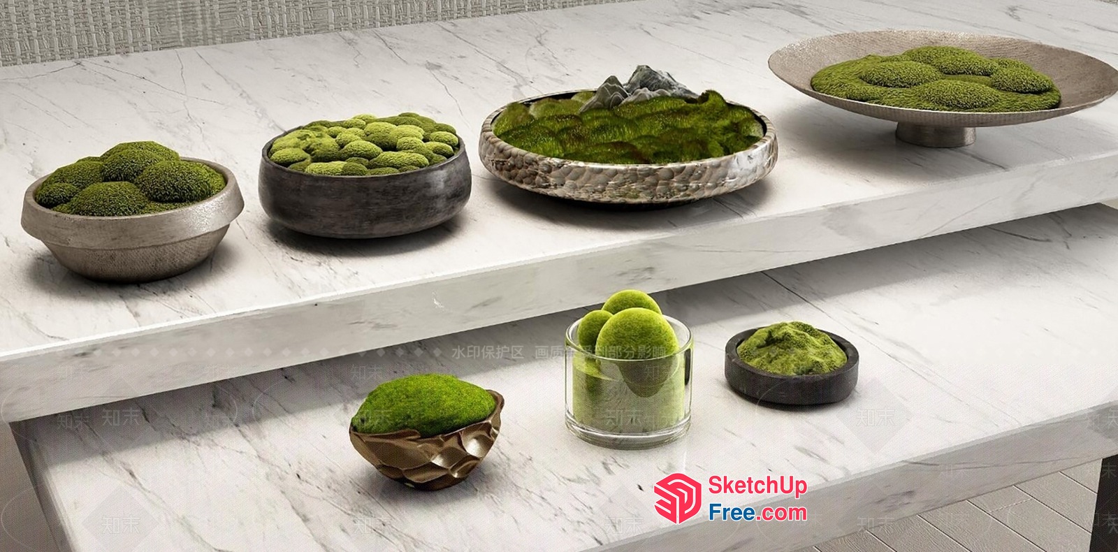 Decorative Moss Balls In Elegant Bowls And Trays 3D SketchUp File