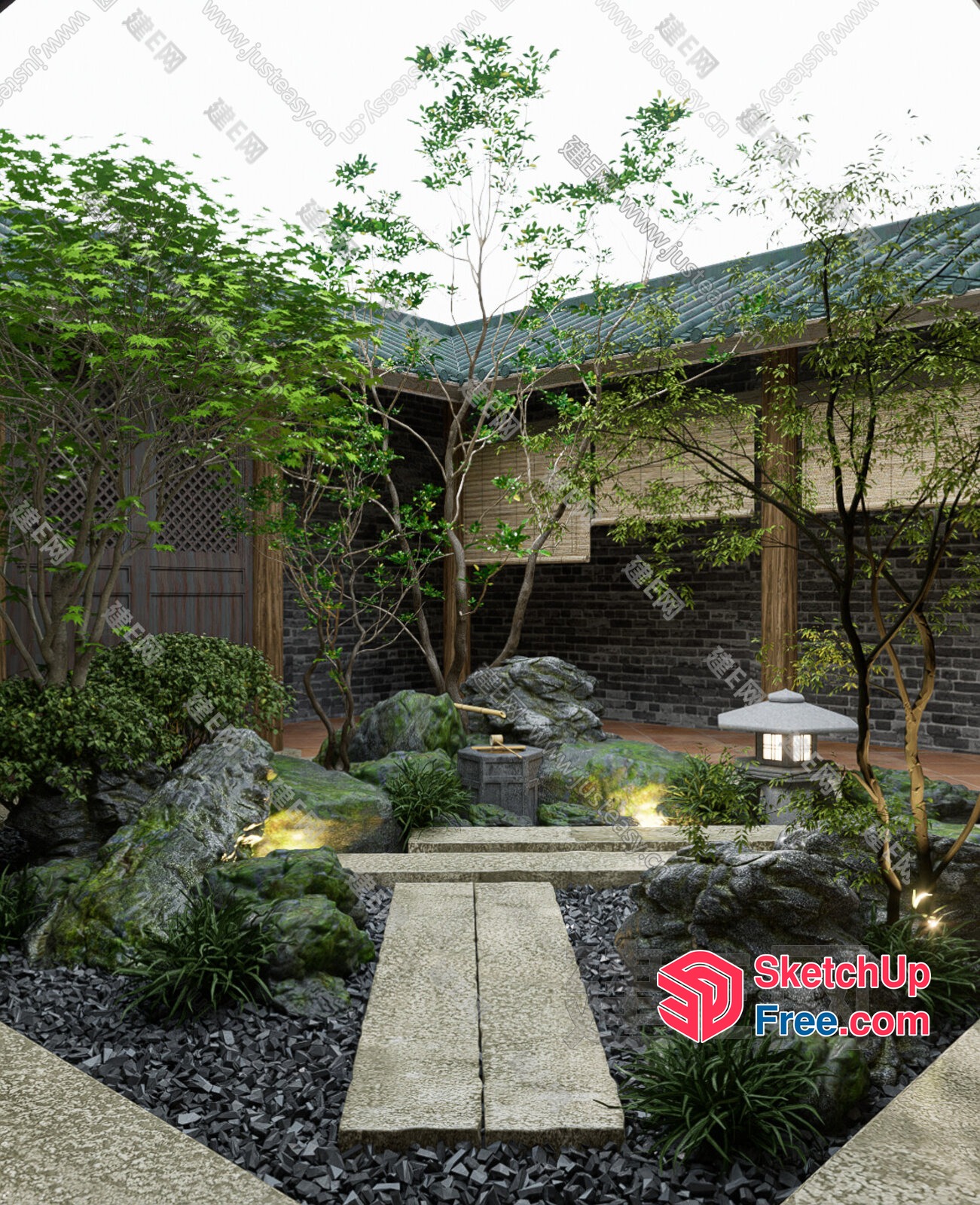 Japanese Style Garden With Stone Pathway And Lanterns 3D SketchUp File