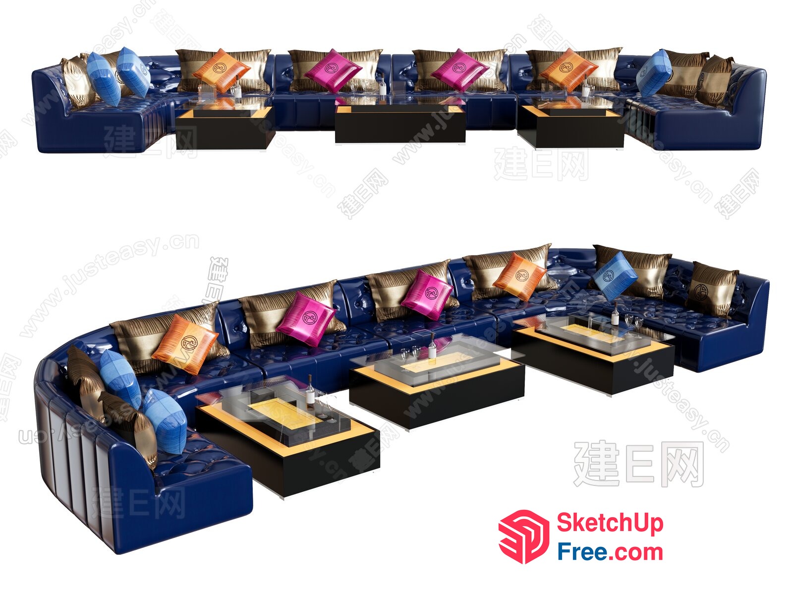 Luxurious Navy Blue Leather Sectional Sofa With Vibrant Accent Pillows 3D SketchUp File