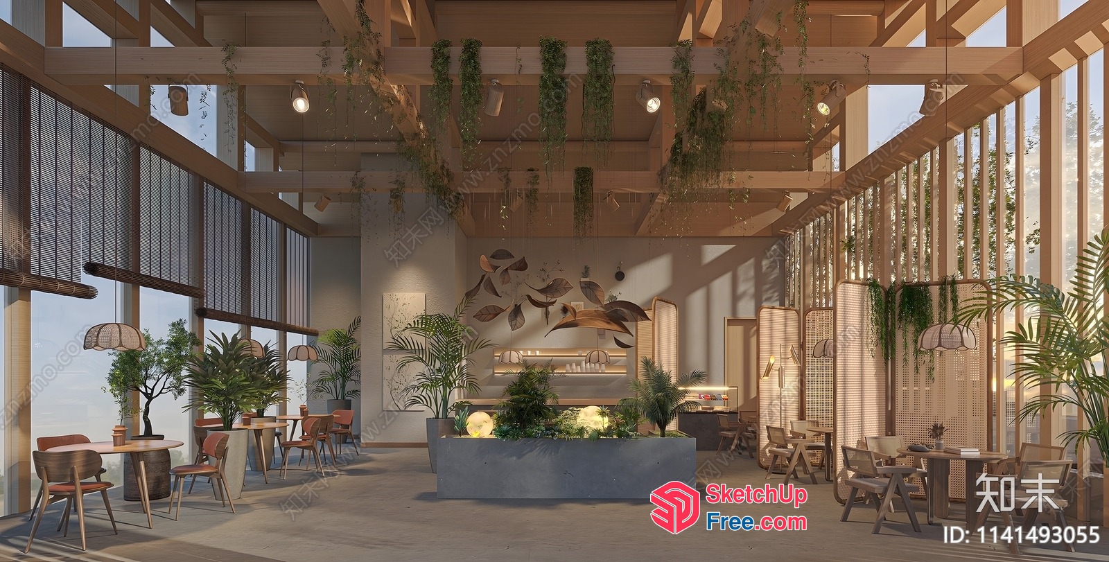 Modern Industrial Style Restaurant Interior With Natural Elements 3D SketchUp File