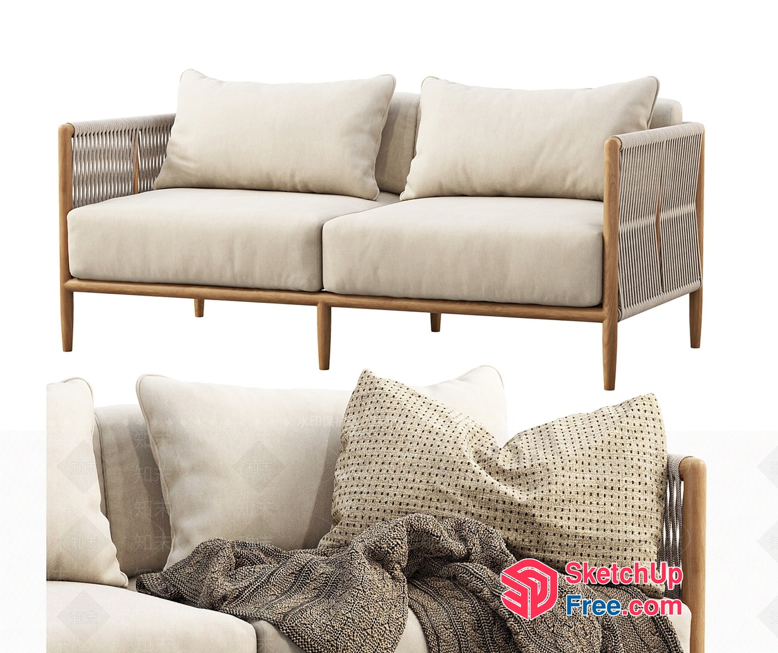 Modern Creamy Style Sofa With Pillows And Blanket 3D SketchUp File