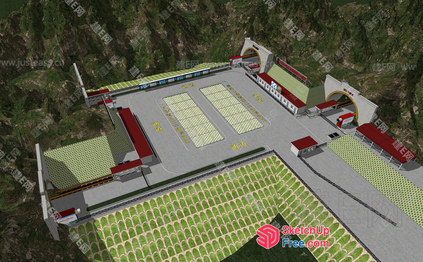 Gas Station With Green Wall And Parking Lot 3D SketchUp File