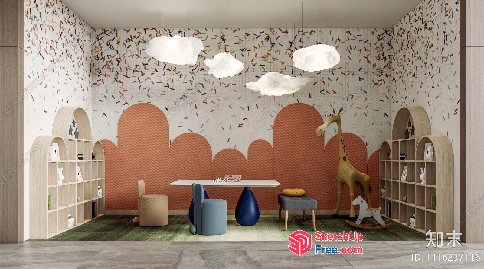 Playful Modern Kids' Playroom With Cloud Light Fixtures 3D SketchUp File