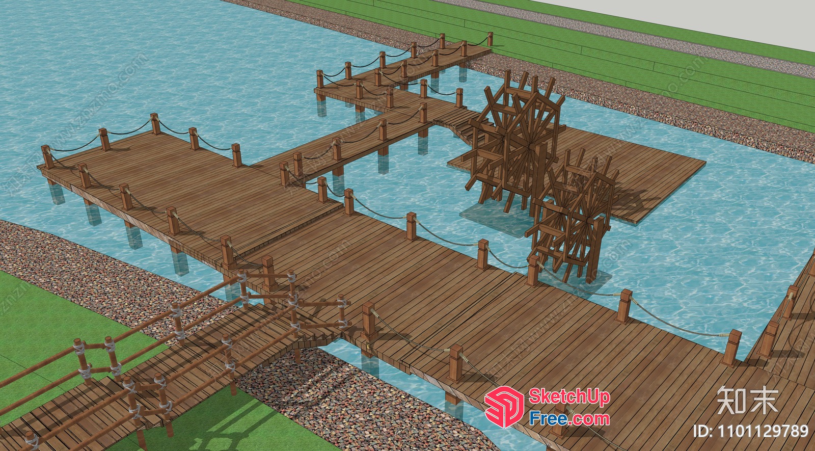 Wooden Bridge With Water Mill 3D SketchUp File